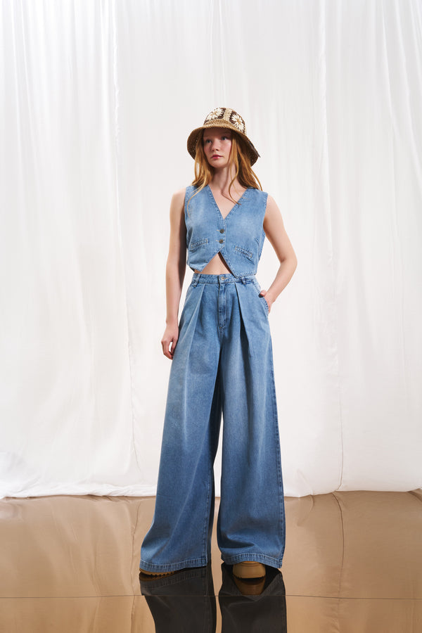 Açık Mavi Crop Denim Yelek 17221
