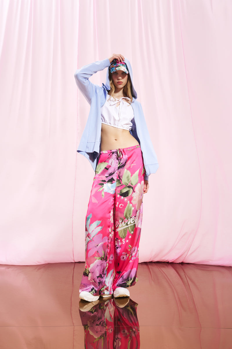 Pembe Çiçekli Saten Pantolon 17251