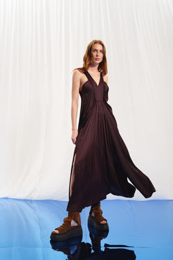 Bordo V-Yaka Saten Midi Elbise 17282