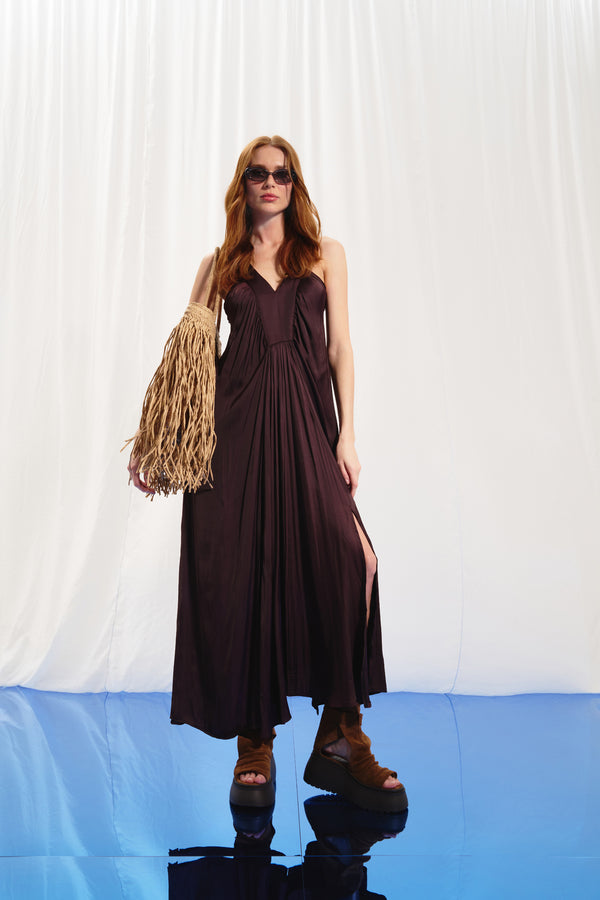Bordo V-Yaka Saten Midi Elbise 17282