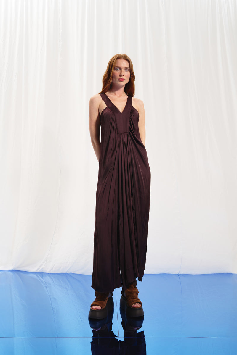 Bordo V-Yaka Saten Midi Elbise 17282