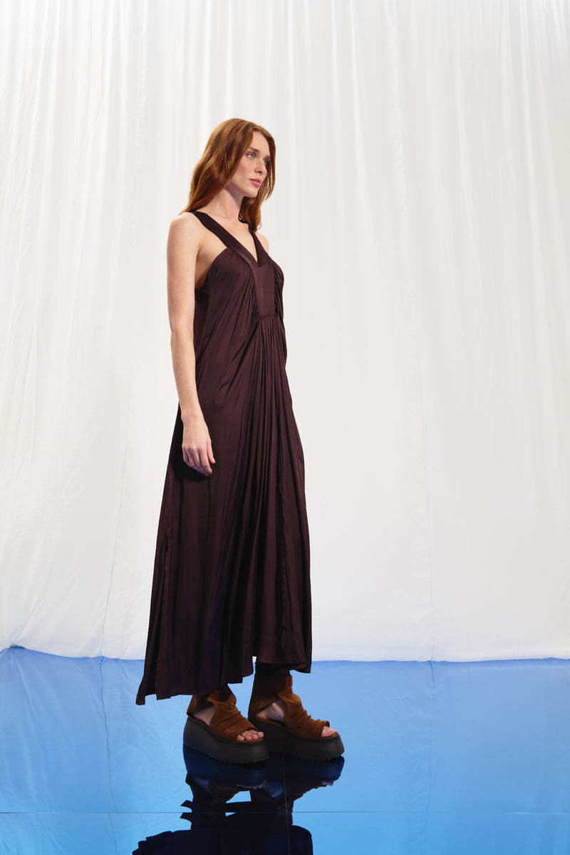 Bordo V-Yaka Saten Midi Elbise 17282