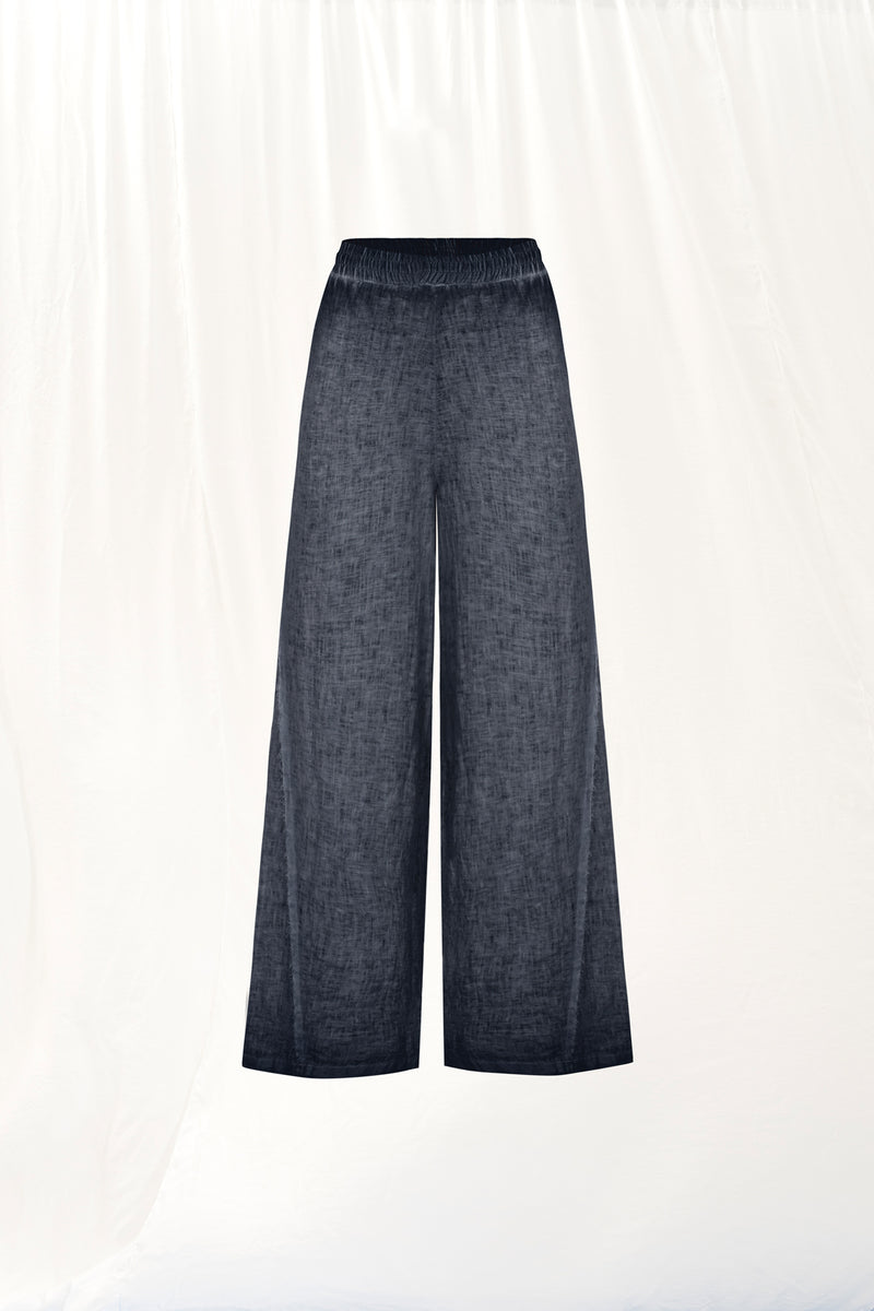 Siyah Wide-Leg Keten Pantolon 17310