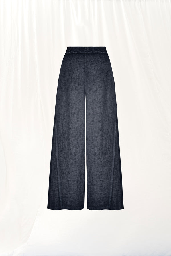 Siyah Wide-Leg Keten Pantolon 17310