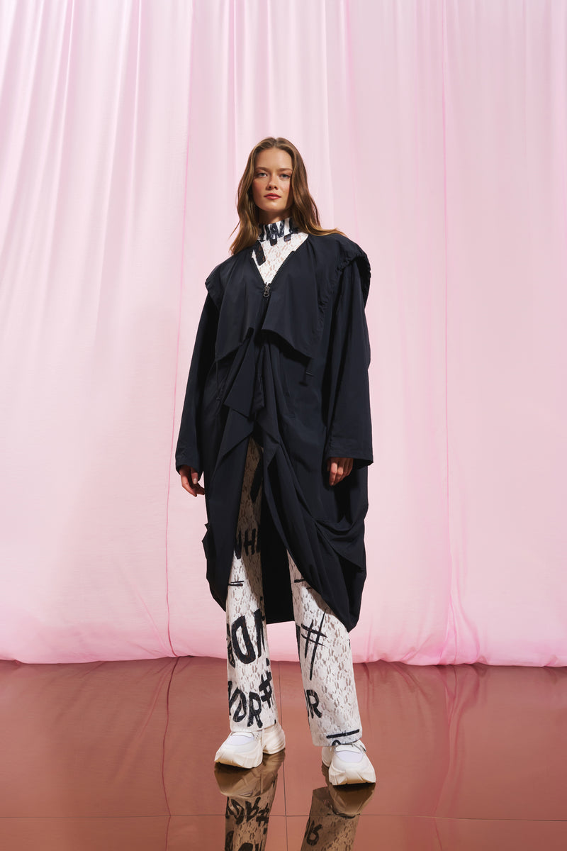 Siyah Kapüşonlu Oversize Trençkot 17347