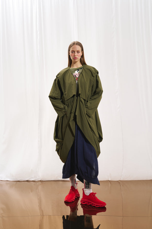 Zeytin Yeşili Kapüşonlu Oversize Trençkot 17347