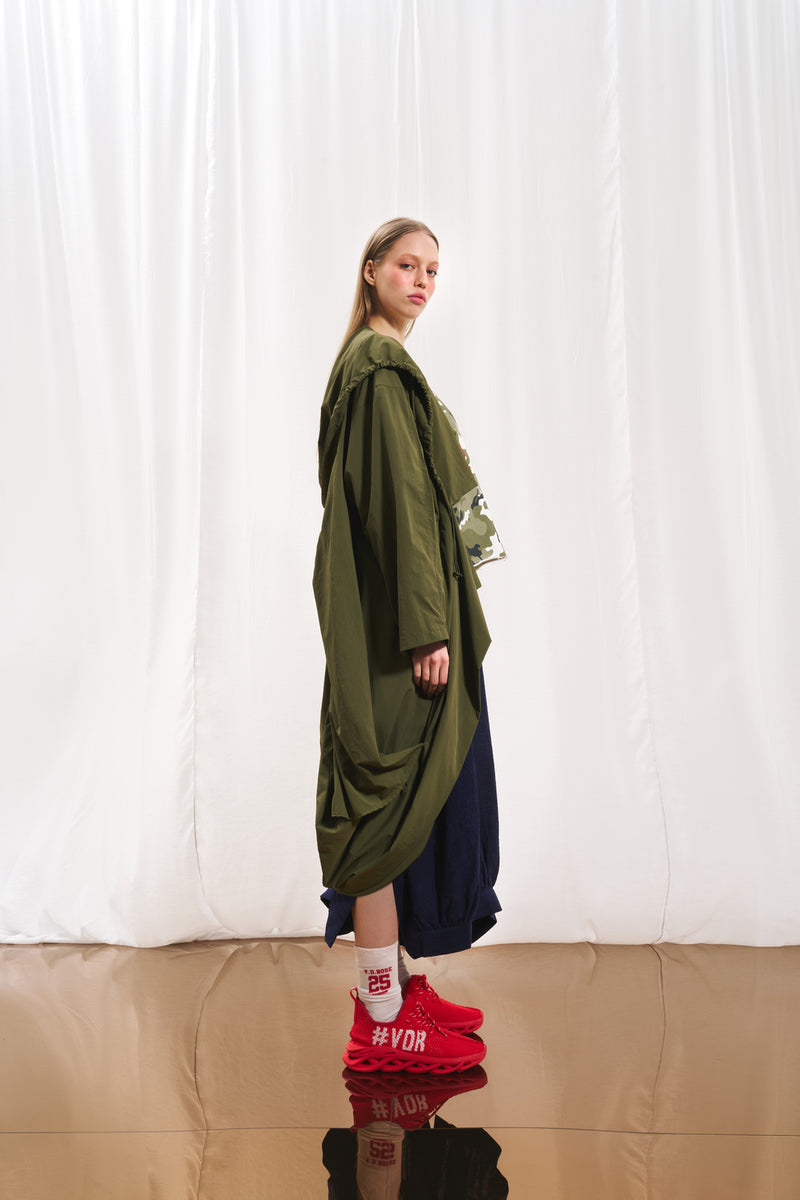 Zeytin Yeşili Kapüşonlu Oversize Trençkot 17347