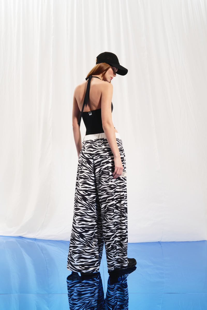 Siyah Ekru Zebra Desenli Wide-Leg Pantolon 17350