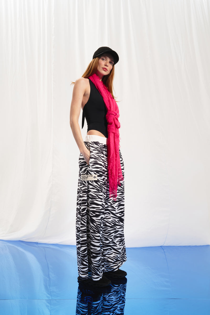 Siyah Ekru Zebra Desenli Wide-Leg Pantolon 17350