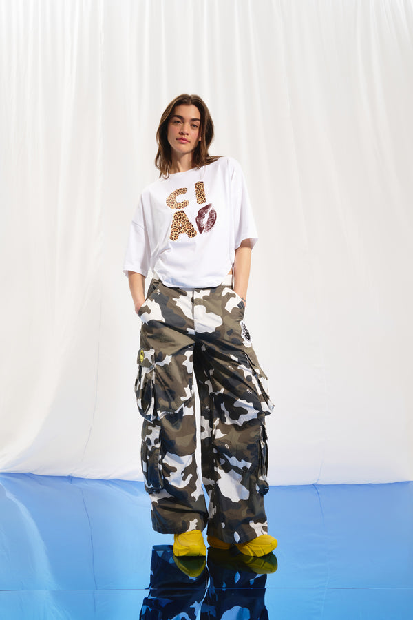 Haki Kamuflaj Wide-Leg Kargo Pantolon 17364
