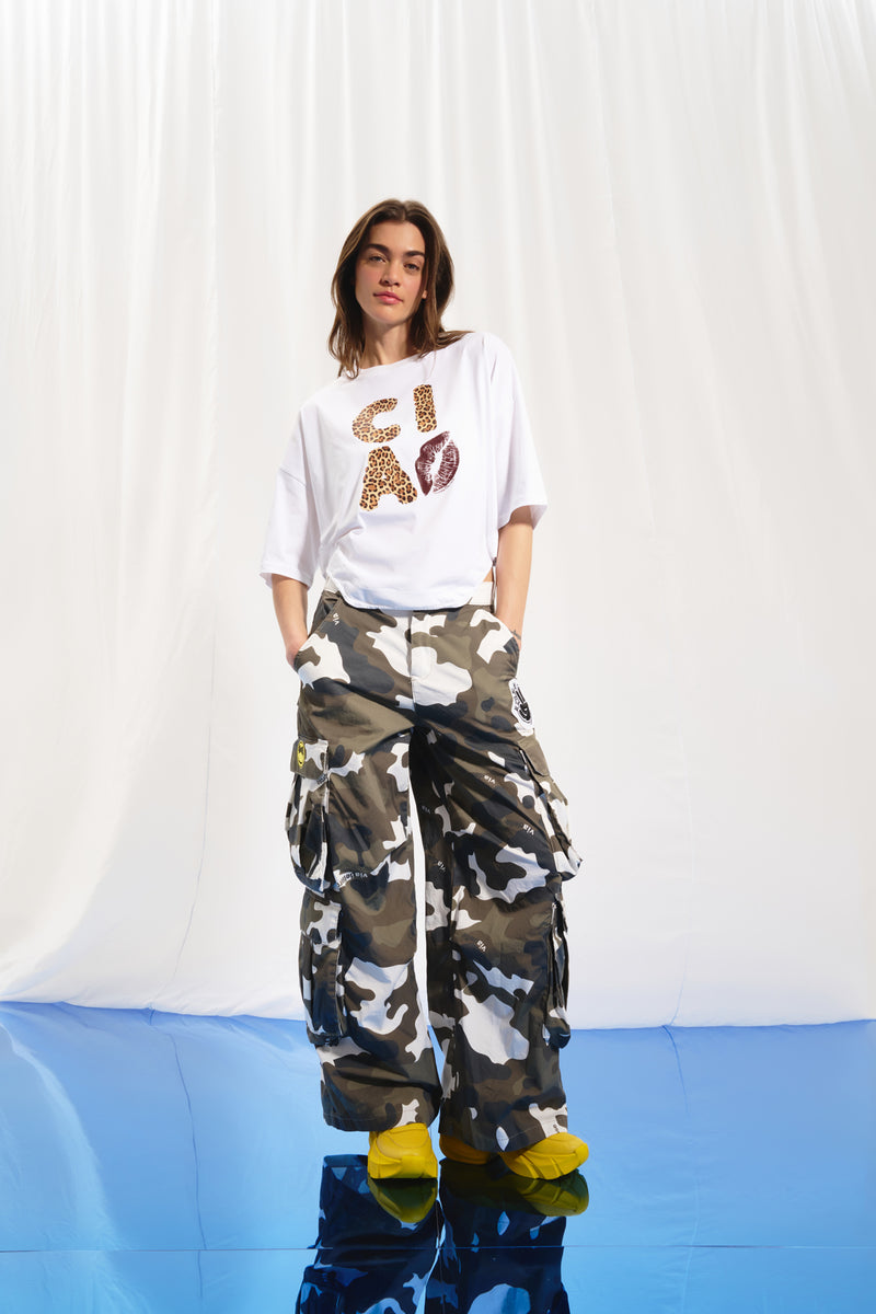 Haki Kamuflaj Wide-Leg Kargo Pantolon 17364