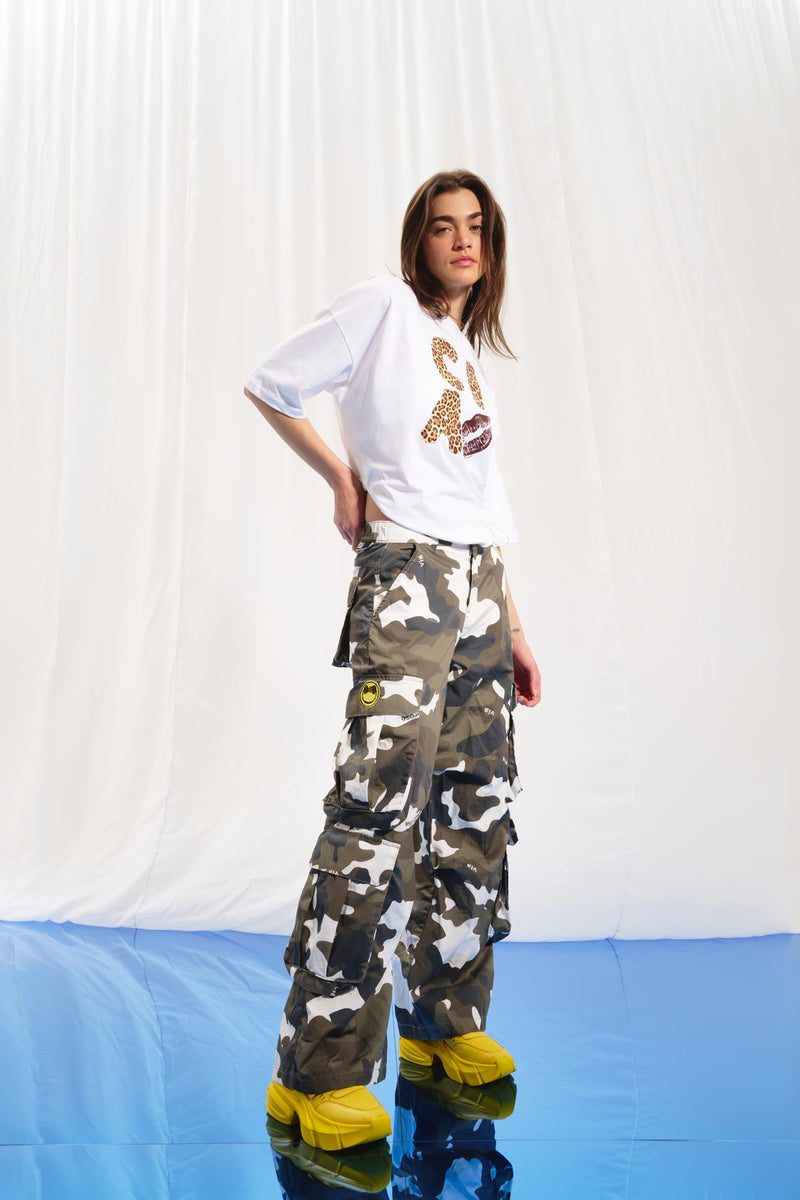 Haki Kamuflaj Wide-Leg Kargo Pantolon 17364