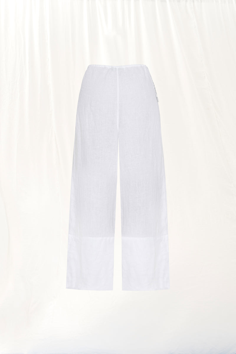 Beyaz Keten Wide-Leg Pantolon 17369