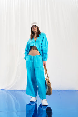Açık Mavi Keten Wide-Leg Pantolon 17369