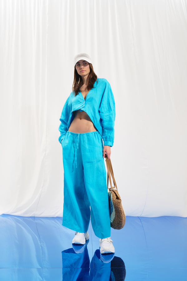 Açık Mavi Keten Wide-Leg Pantolon 17369