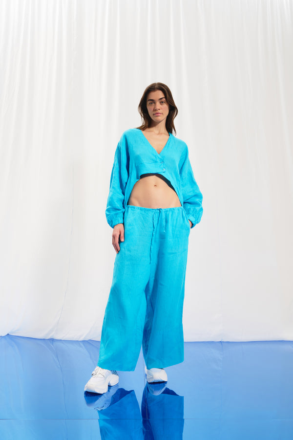 Açık Mavi Keten Wide-Leg Pantolon 17369