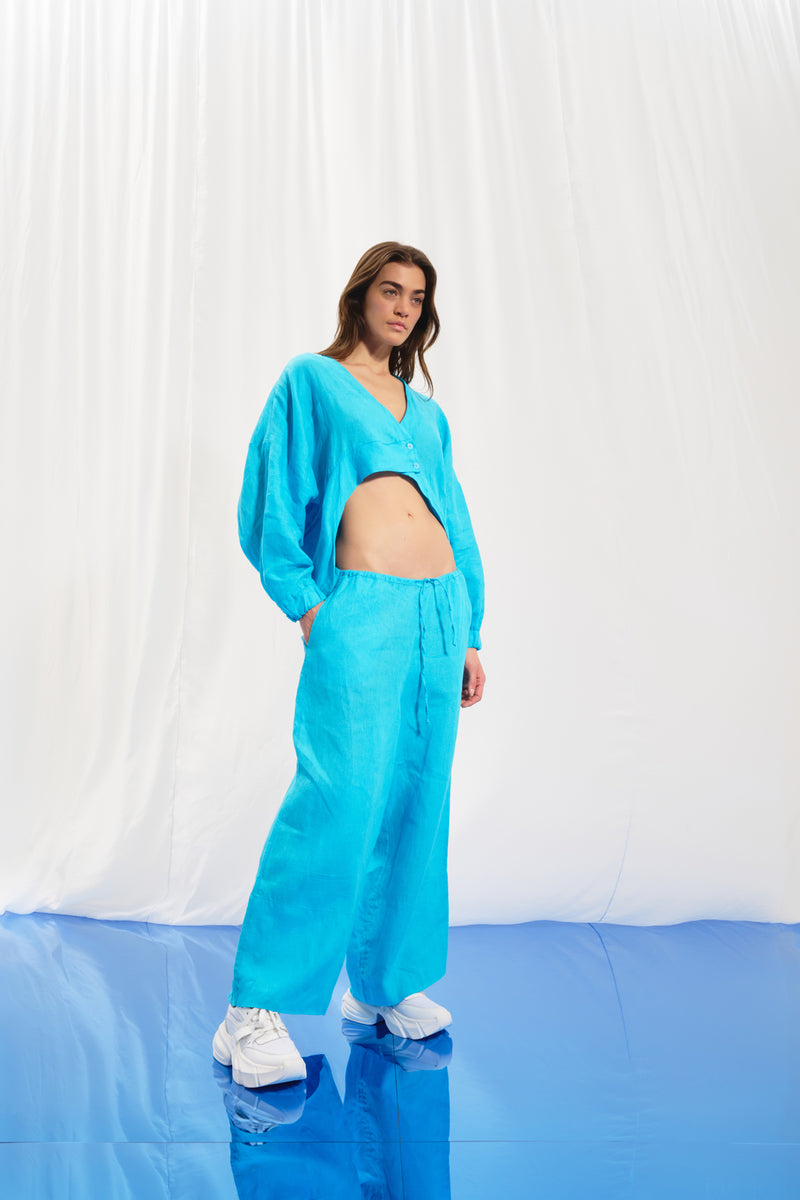 Açık Mavi Keten Wide-Leg Pantolon 17369