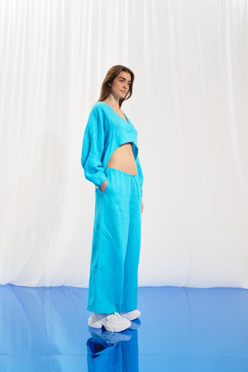 Açık Mavi Keten Wide-Leg Pantolon 17369
