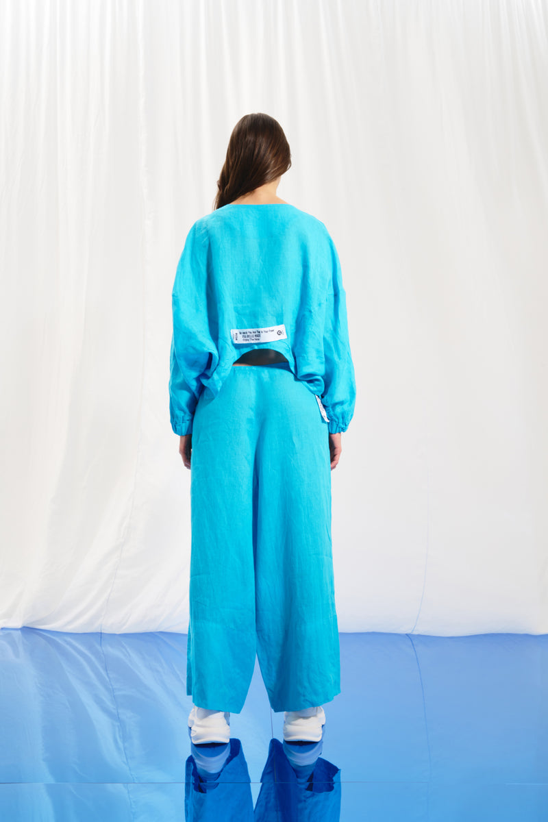 Açık Mavi Keten Wide-Leg Pantolon 17369