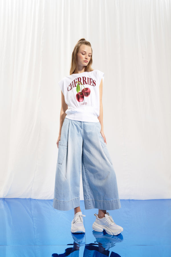 Açık Mavi Piliseli Wide-Leg Denim Pantolon 17374