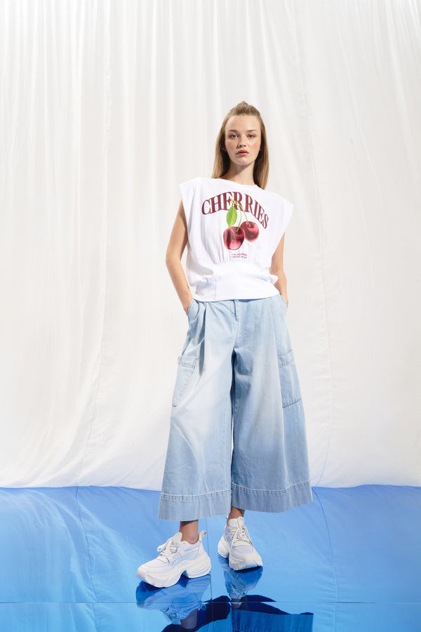 Açık Mavi Piliseli Wide-Leg Denim Pantolon 17374