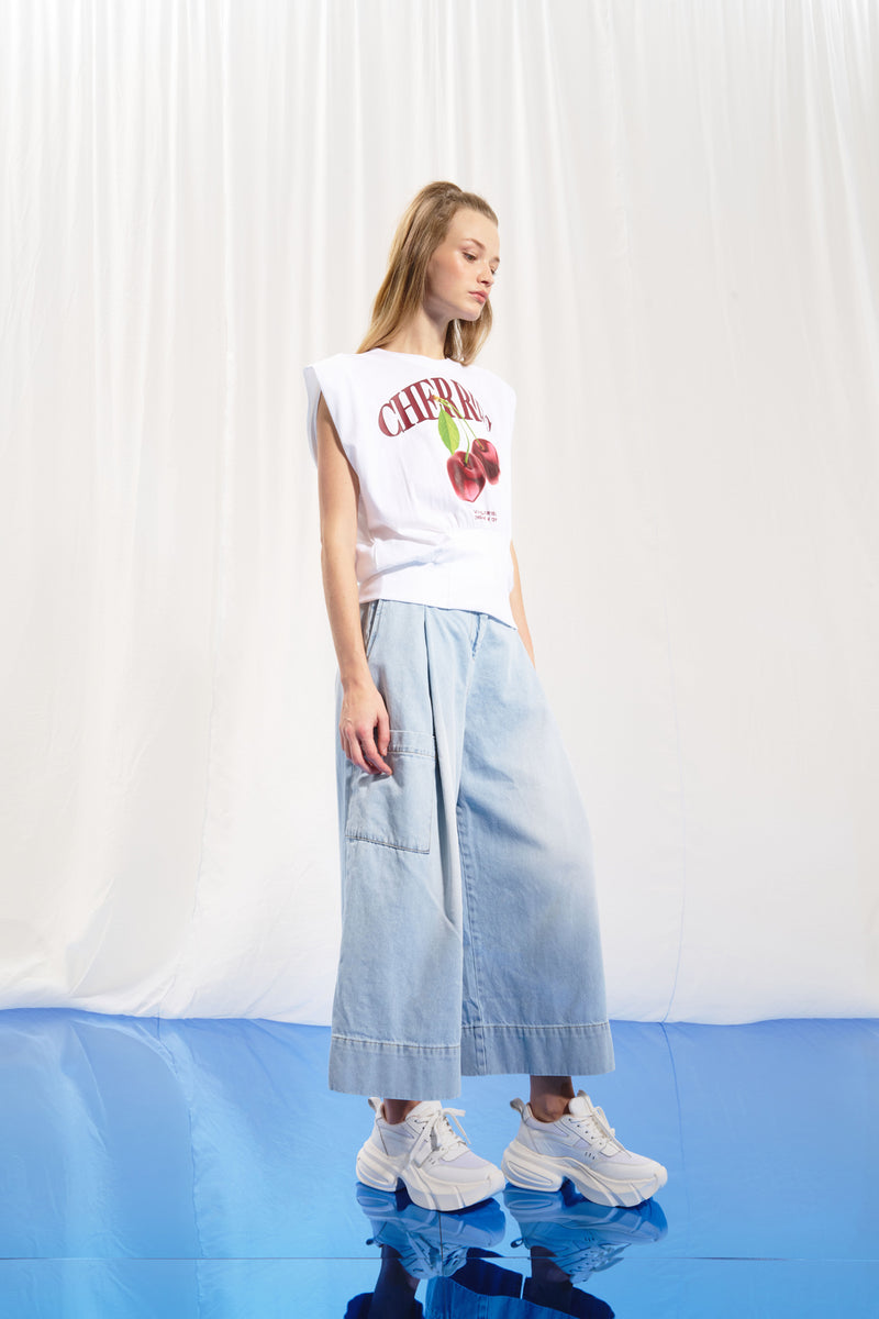 Açık Mavi Piliseli Wide-Leg Denim Pantolon 17374