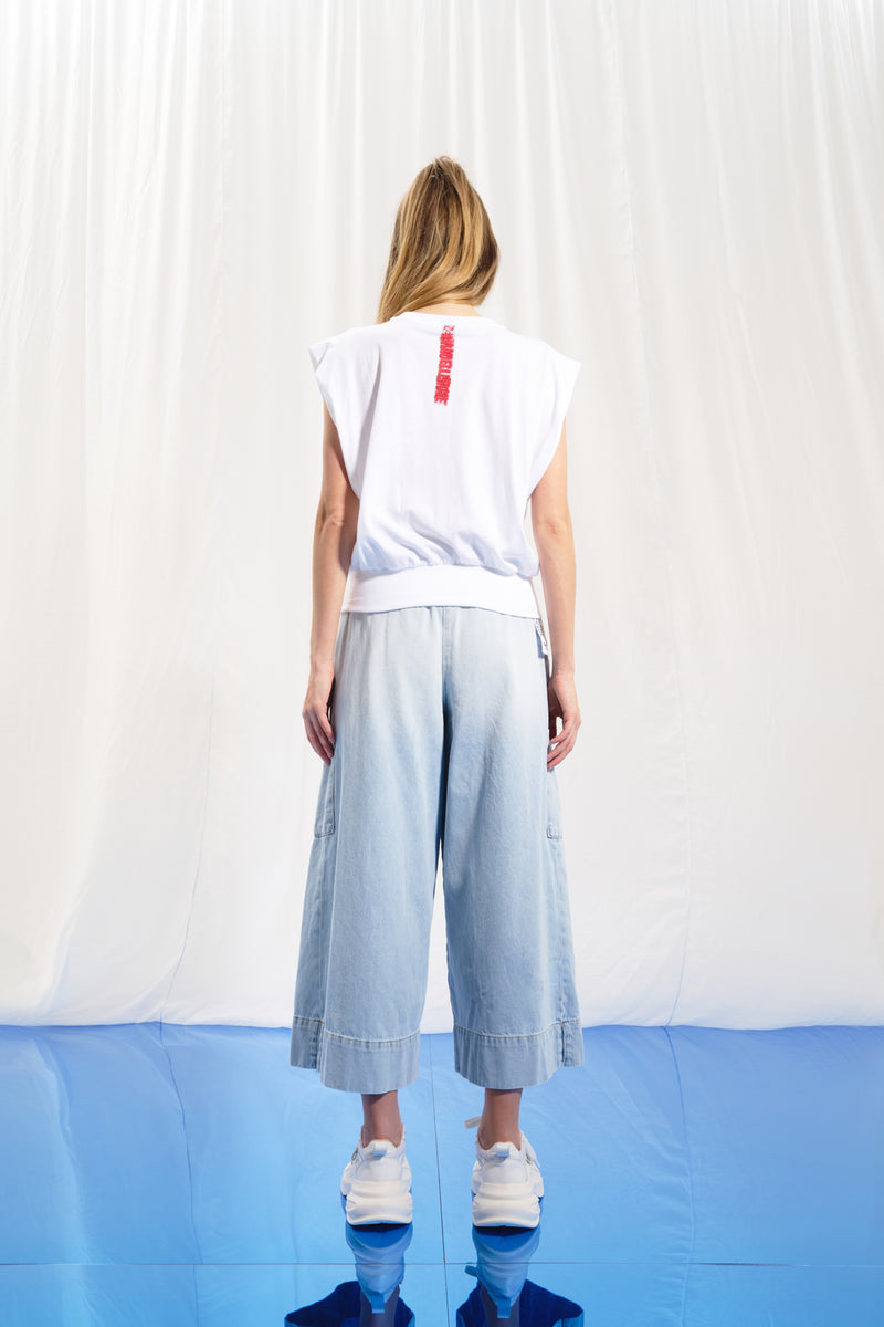 Açık Mavi Piliseli Wide-Leg Denim Pantolon 17374