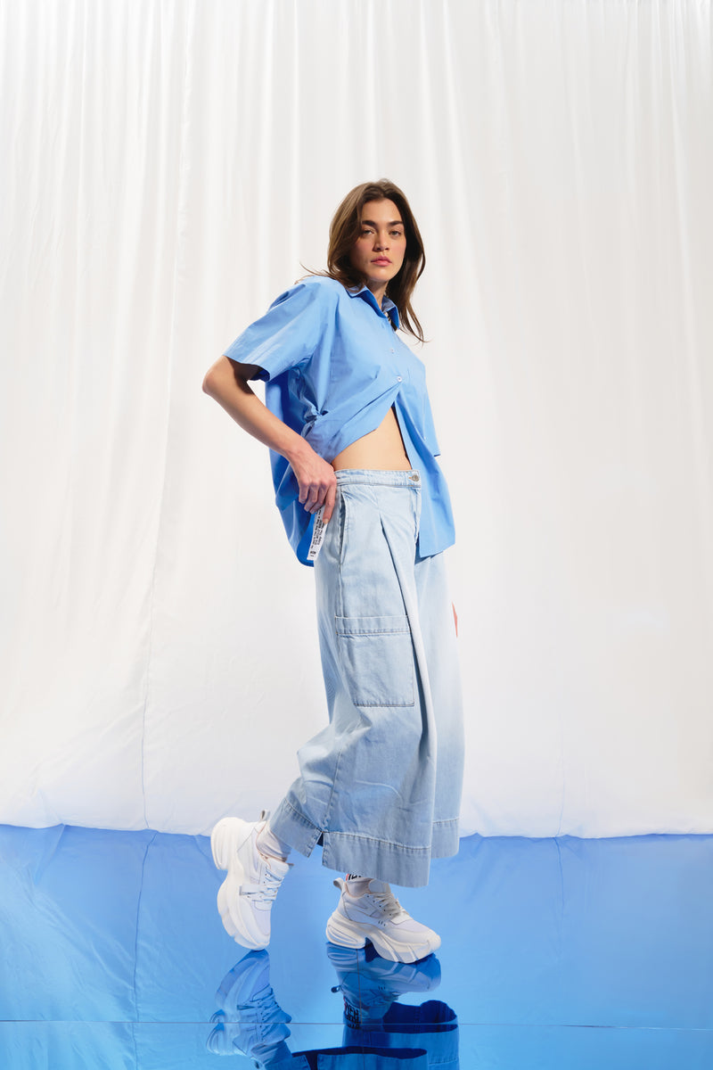 Açık Mavi Piliseli Wide-Leg Denim Pantolon 17374