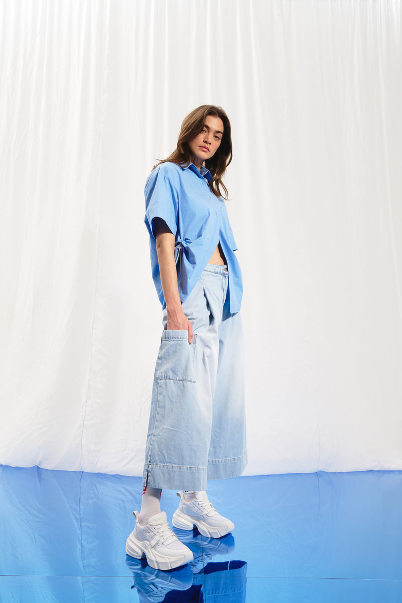 Açık Mavi Piliseli Wide-Leg Denim Pantolon 17374
