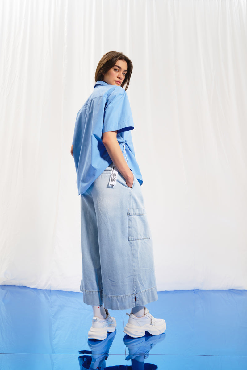 Açık Mavi Piliseli Wide-Leg Denim Pantolon 17374
