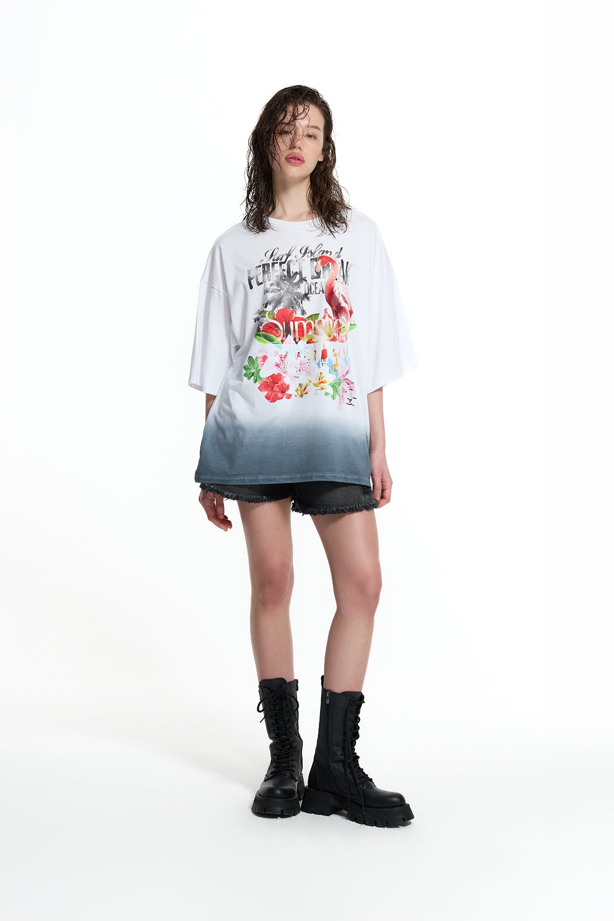 Beyaz Oversize Flamingo Baskılı Degrade T-Shirt 19012