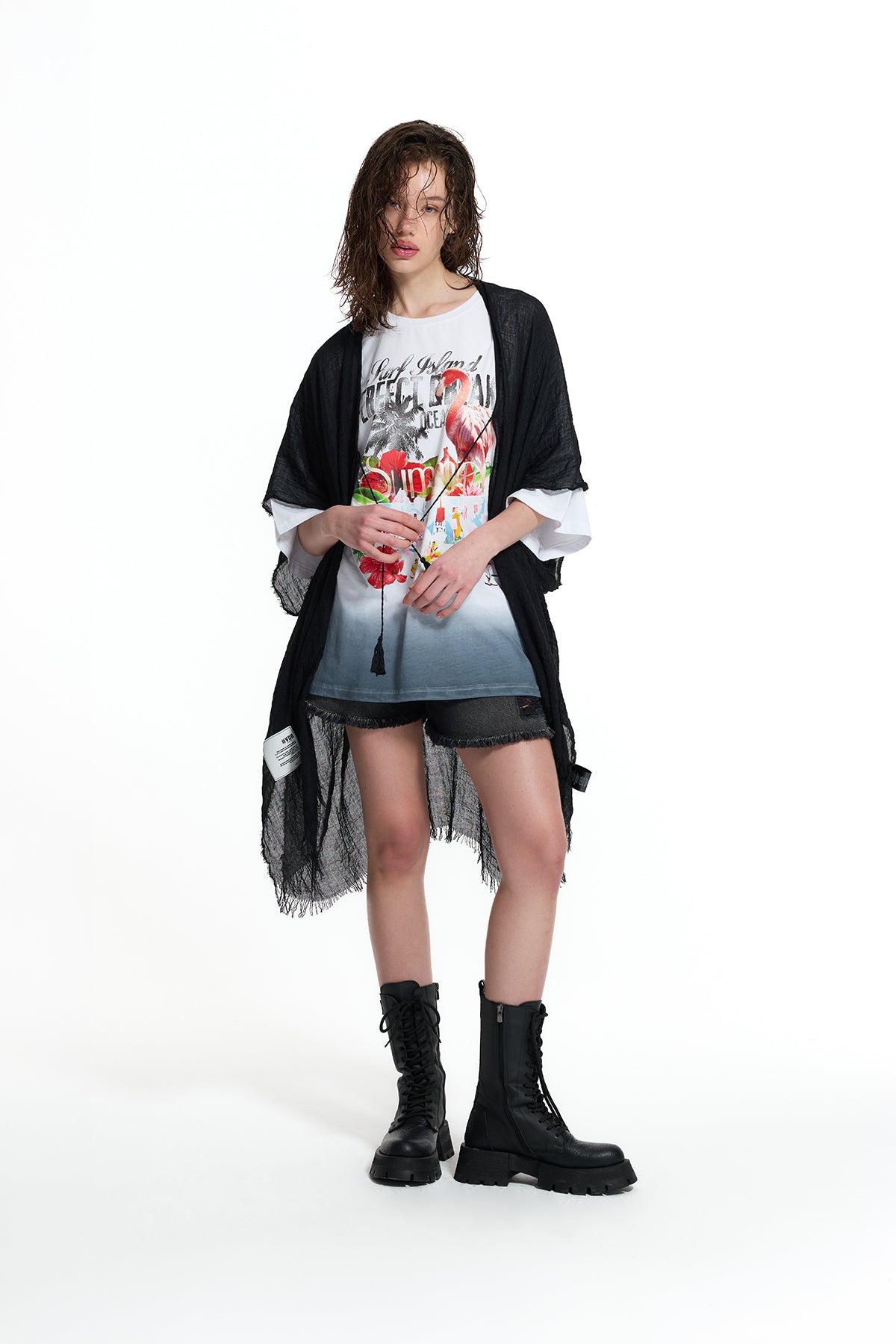 Beyaz Oversize Flamingo Baskılı Degrade T-Shirt 19012