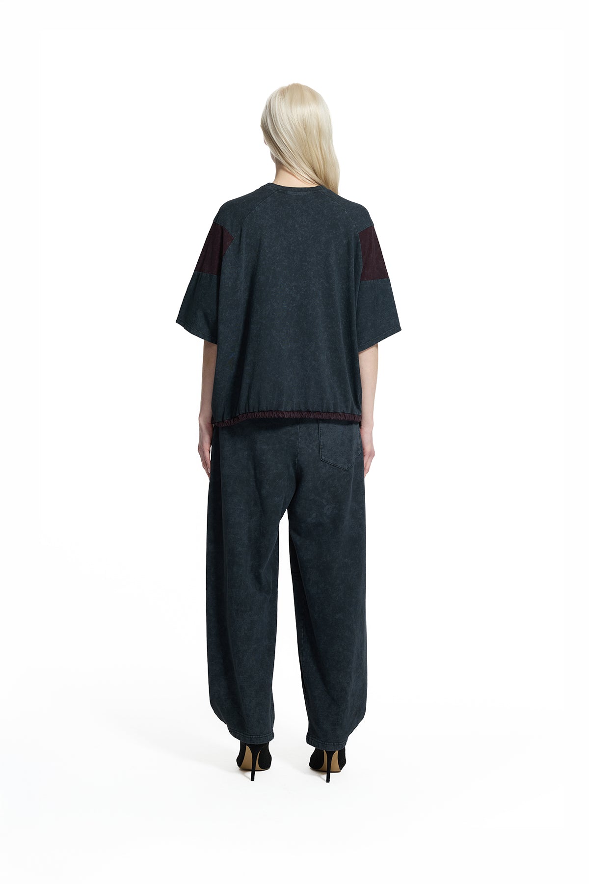 Siyah Yıkamalı Bordo Detaylı Bağcıklı VDR Baskılı Oversize T-Shirt 19014