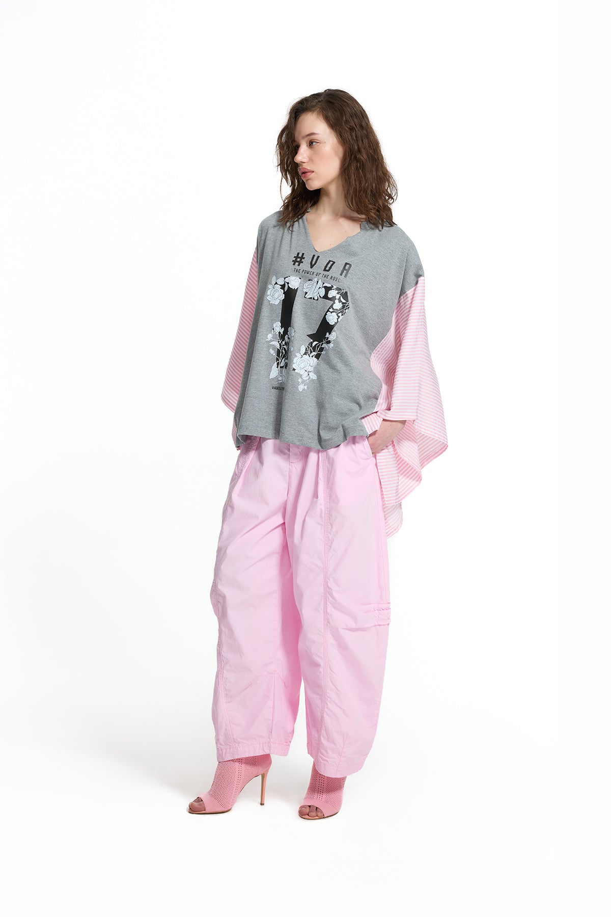 Gri Melanj Pembe Önü Baskılı V Yaka Yarasa Kol Oversize T-Shirt 19023