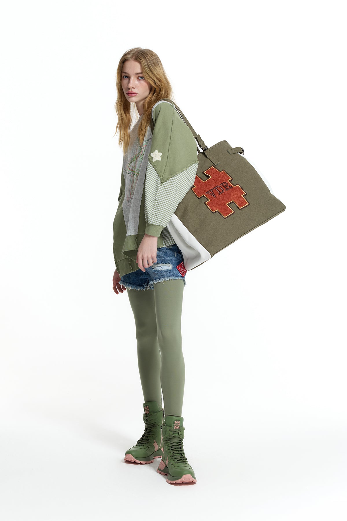 Gri Melanj Haki Kontrast Kumaşlı Nakış Detaylı Oversize Sweatshirt 19026