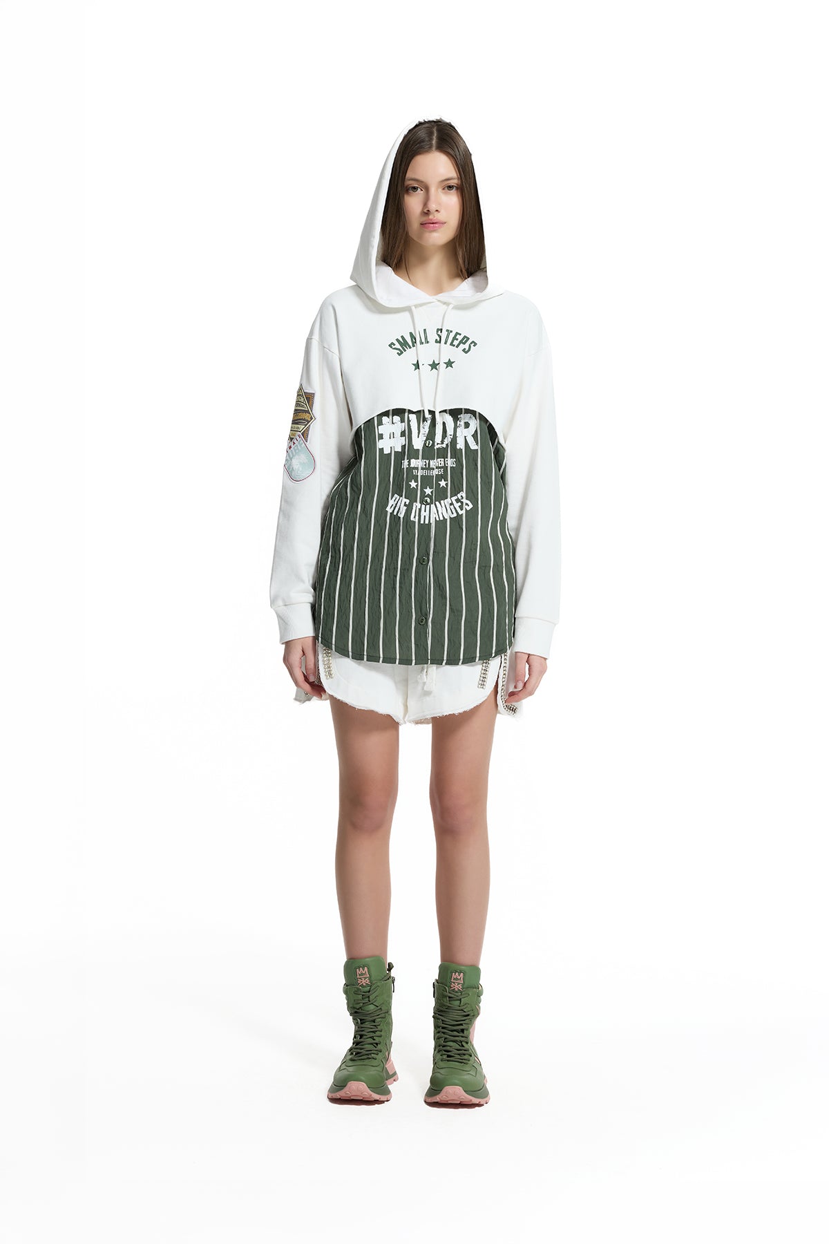 Ekru Yeşil Katmanlı Kapüşonlu Çizgili Parça Detaylı Oversize Tunik Sweatshirt 19028