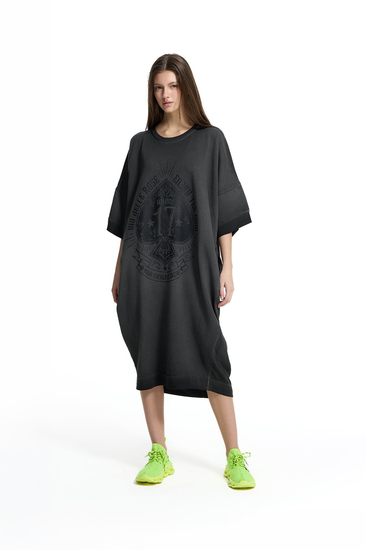 Siyah Önü Baskılı Oversize Sweatshirt Elbise 19037