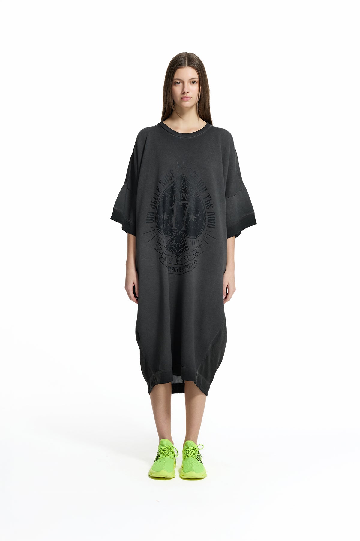 Siyah Önü Baskılı Oversize Sweatshirt Elbise 19037