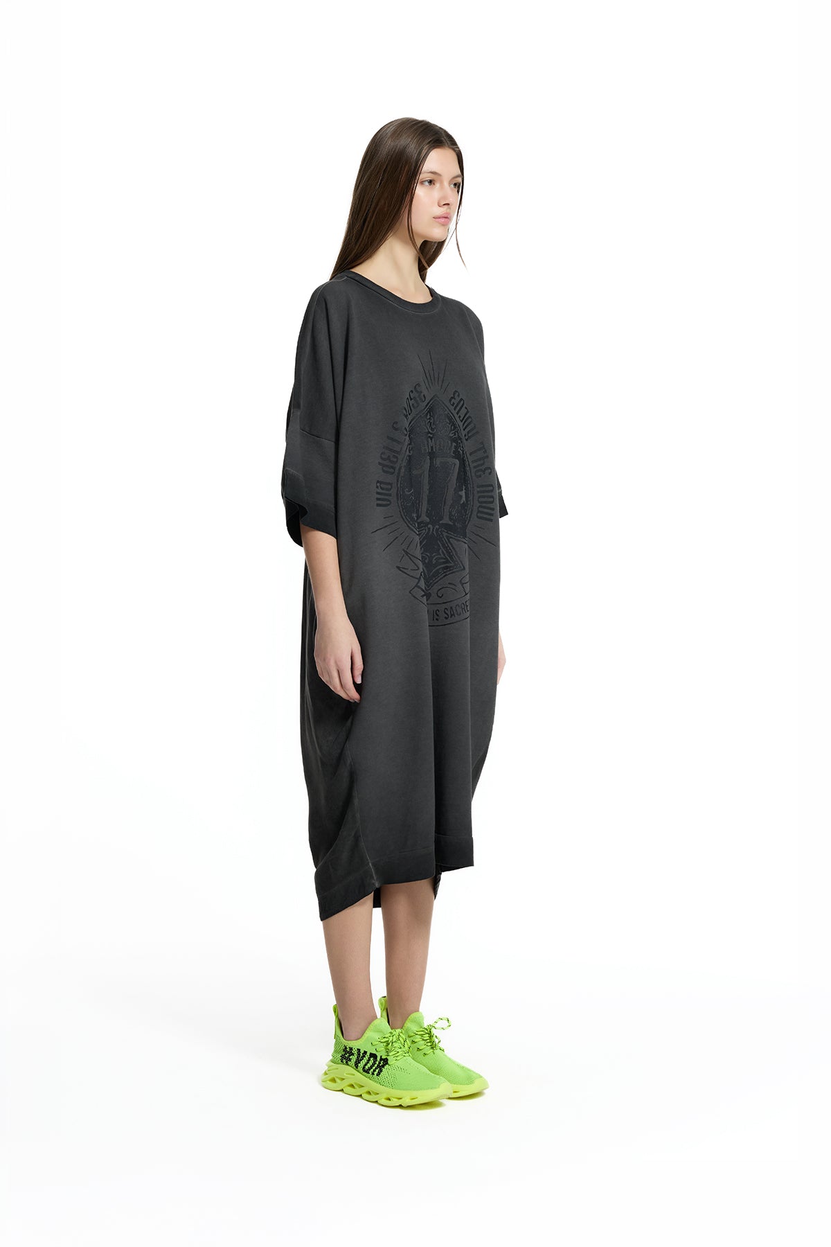 Siyah Önü Baskılı Oversize Sweatshirt Elbise 19037
