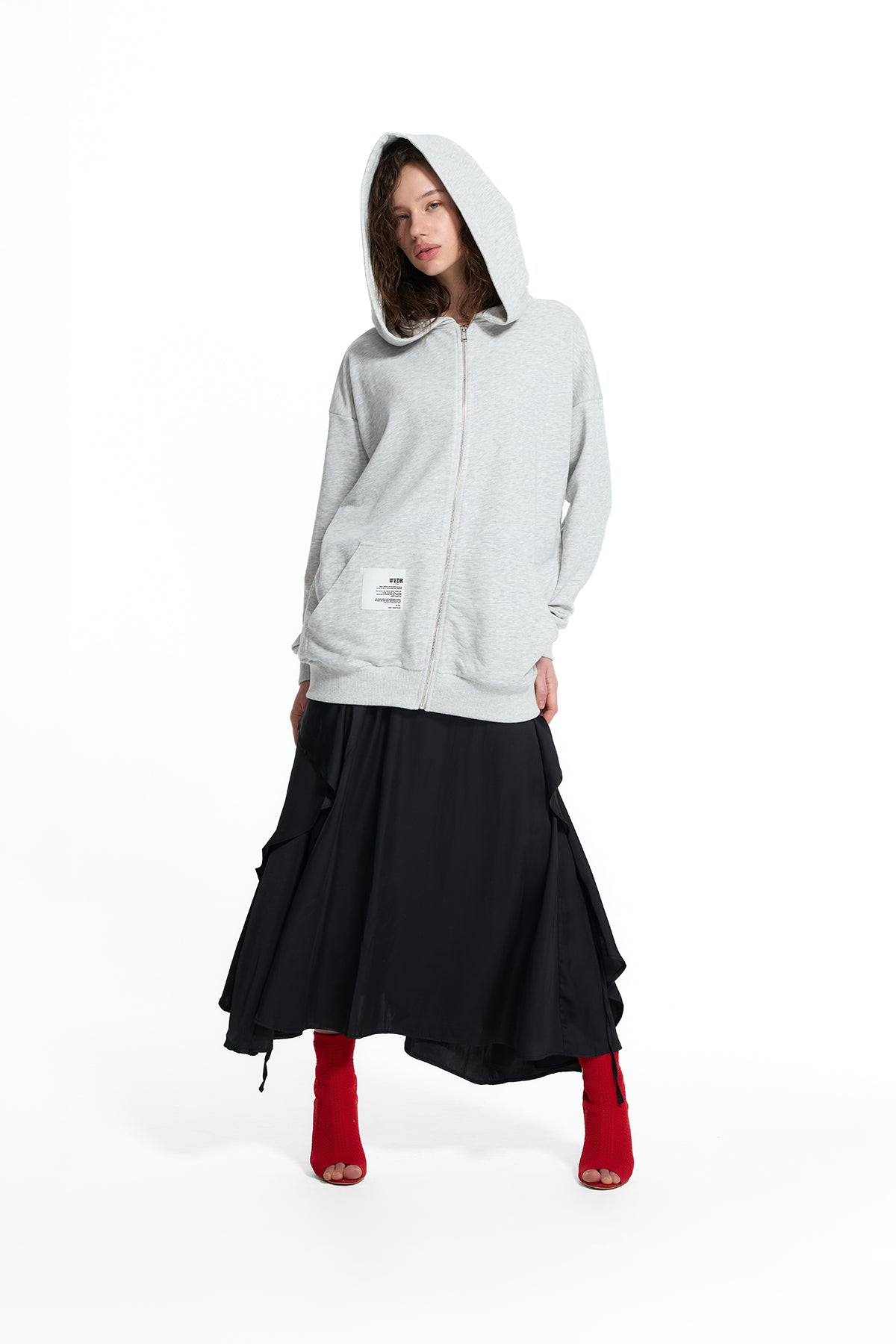 Buz Melanj Fermuarlı Kapüşonlu Arkası Çiçek Baskılı Oversize Sweatshirt 19040