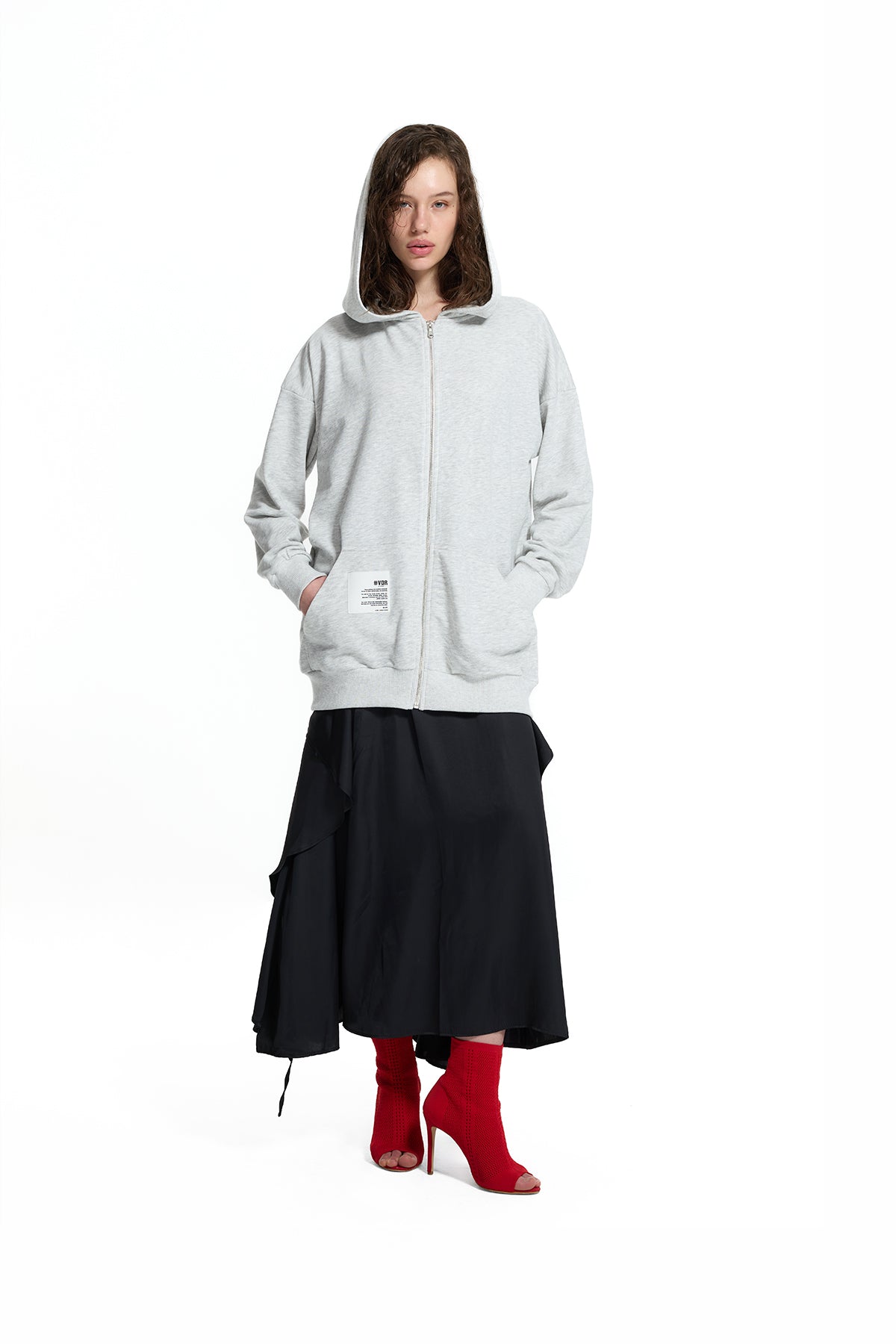 Buz Melanj Fermuarlı Kapüşonlu Arkası Çiçek Baskılı Oversize Sweatshirt 19040