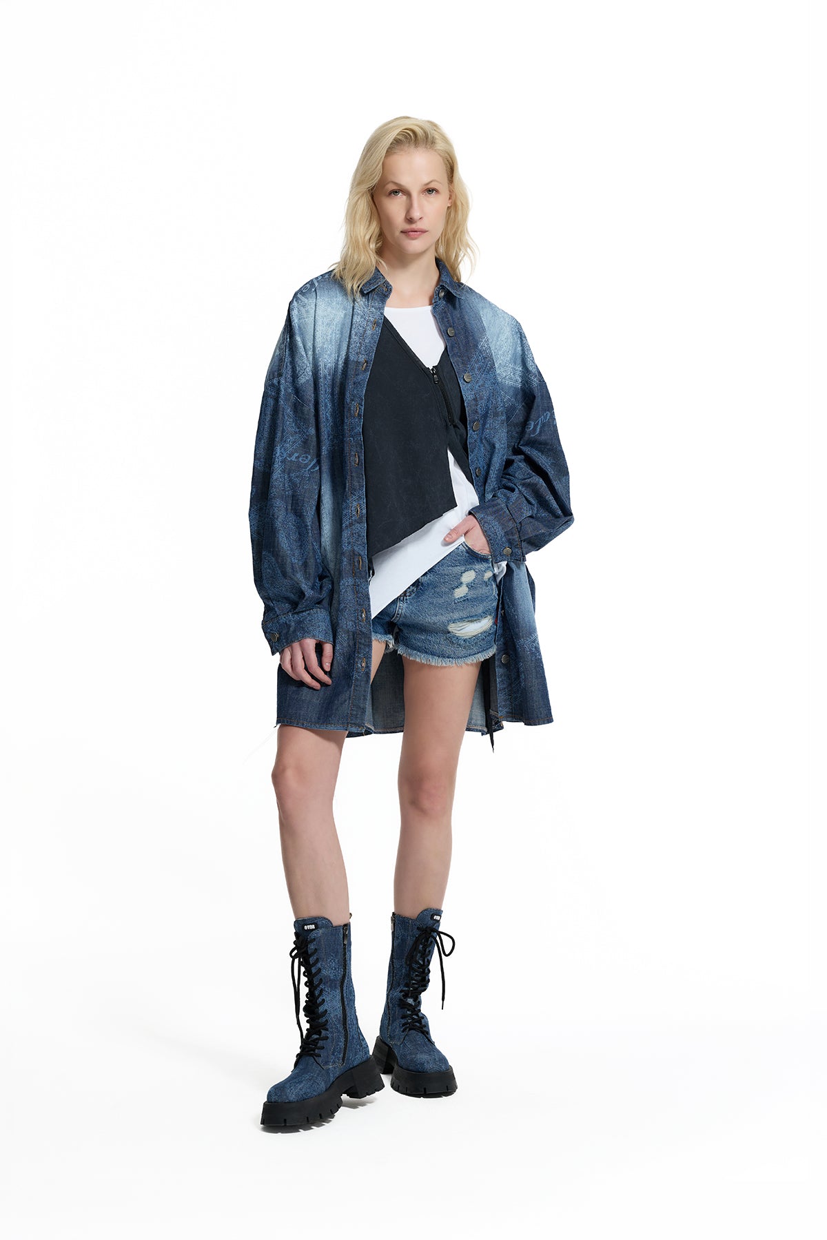 Koyu Mavi Etnik Desenli Uzun Denim Gömlek 19053