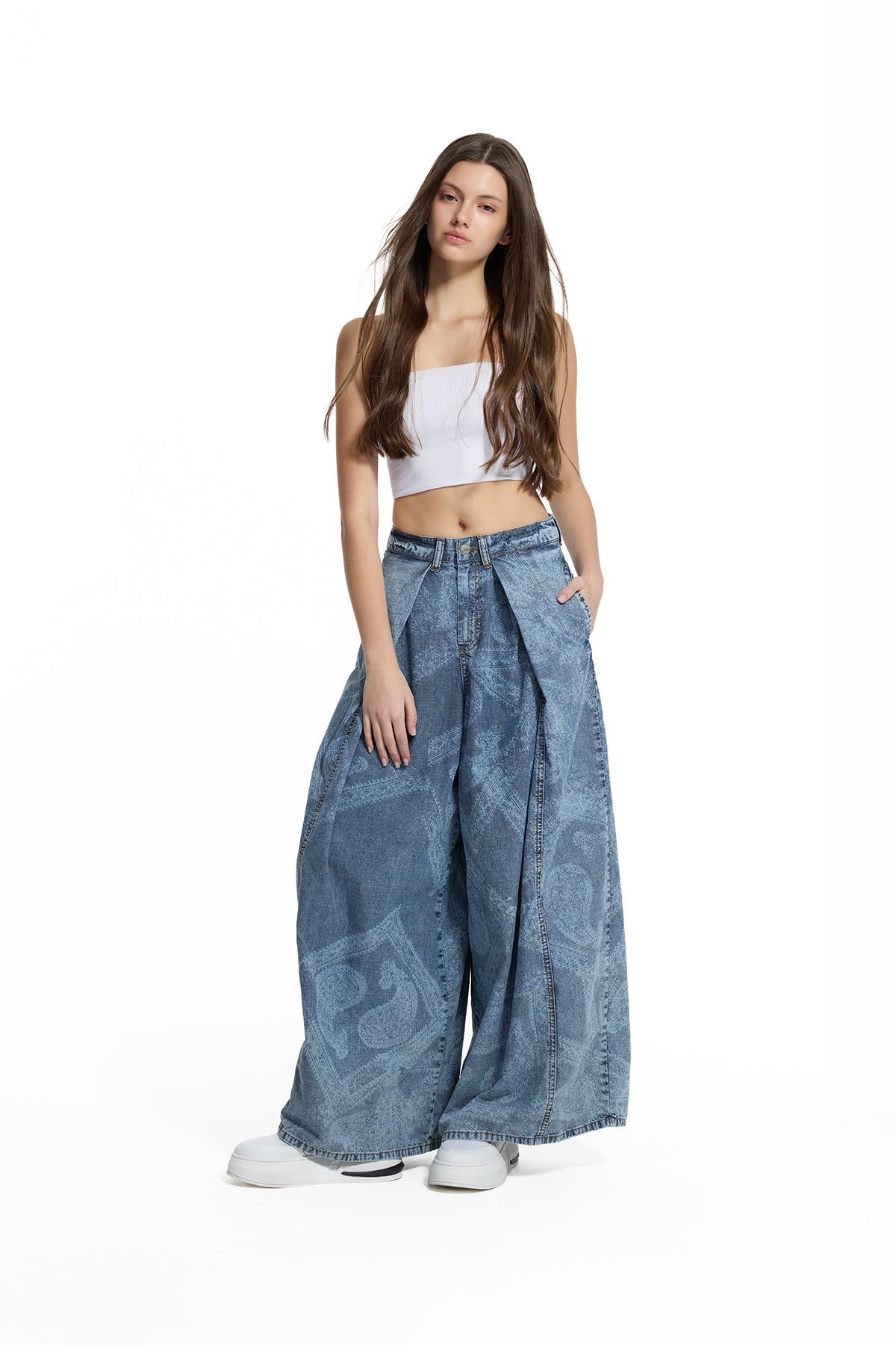 Mavi Desenli Yıkamalı Geniş Paça Denim Pantolon 19061