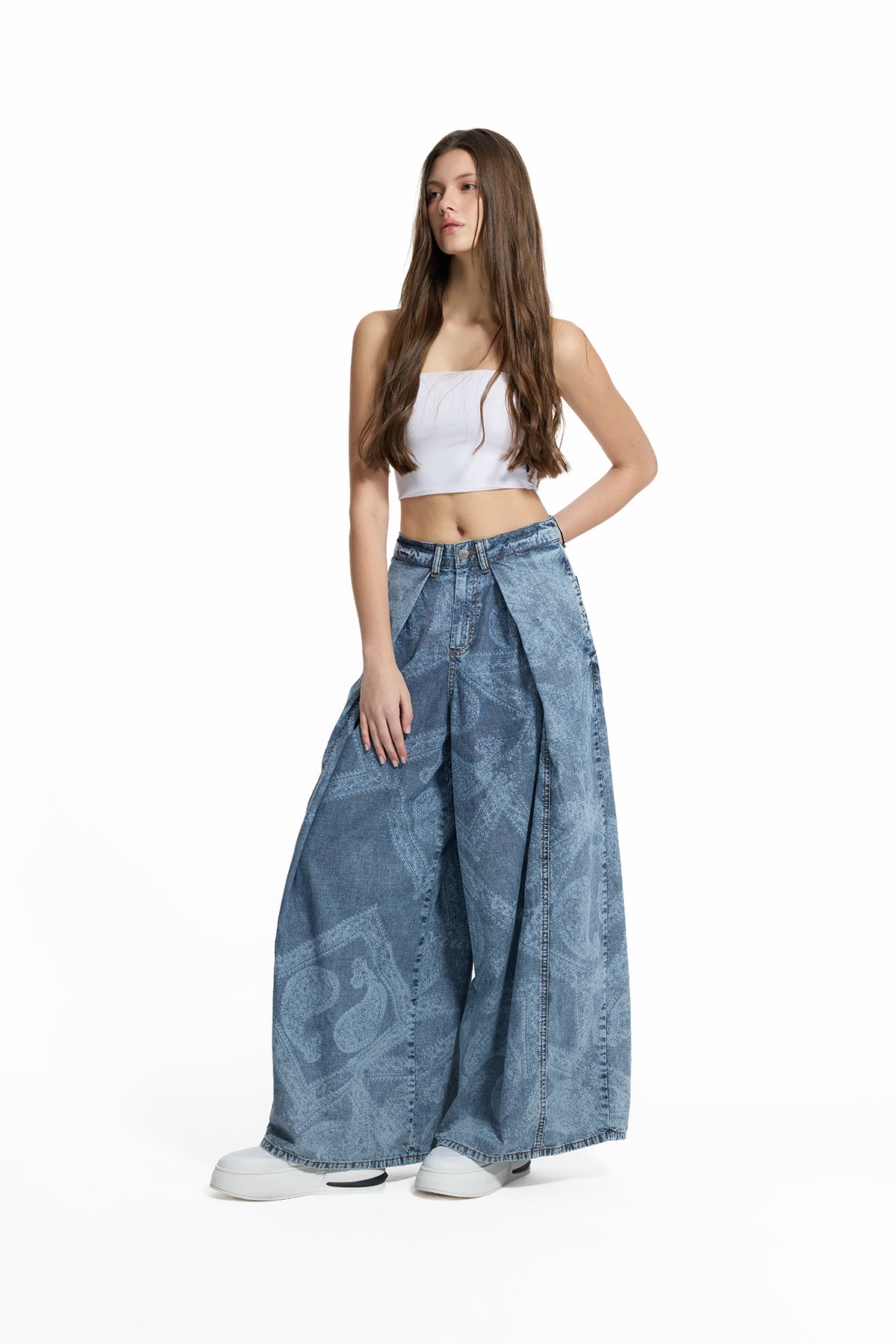 Mavi Desenli Yıkamalı Geniş Paça Denim Pantolon 19061