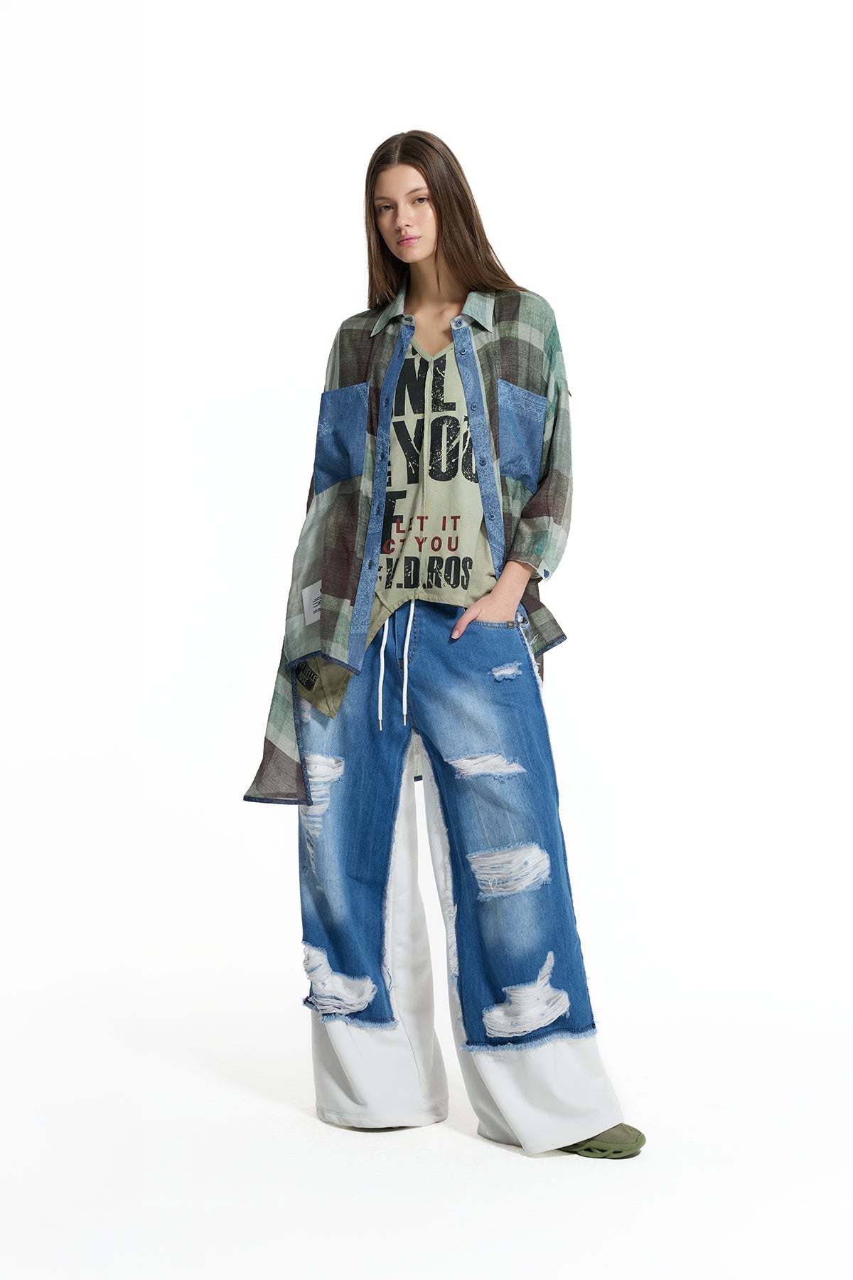 Mavi Ekru Kontrast Kumaşlı Yırtık Denim Geniş Paça Pantolon 19062