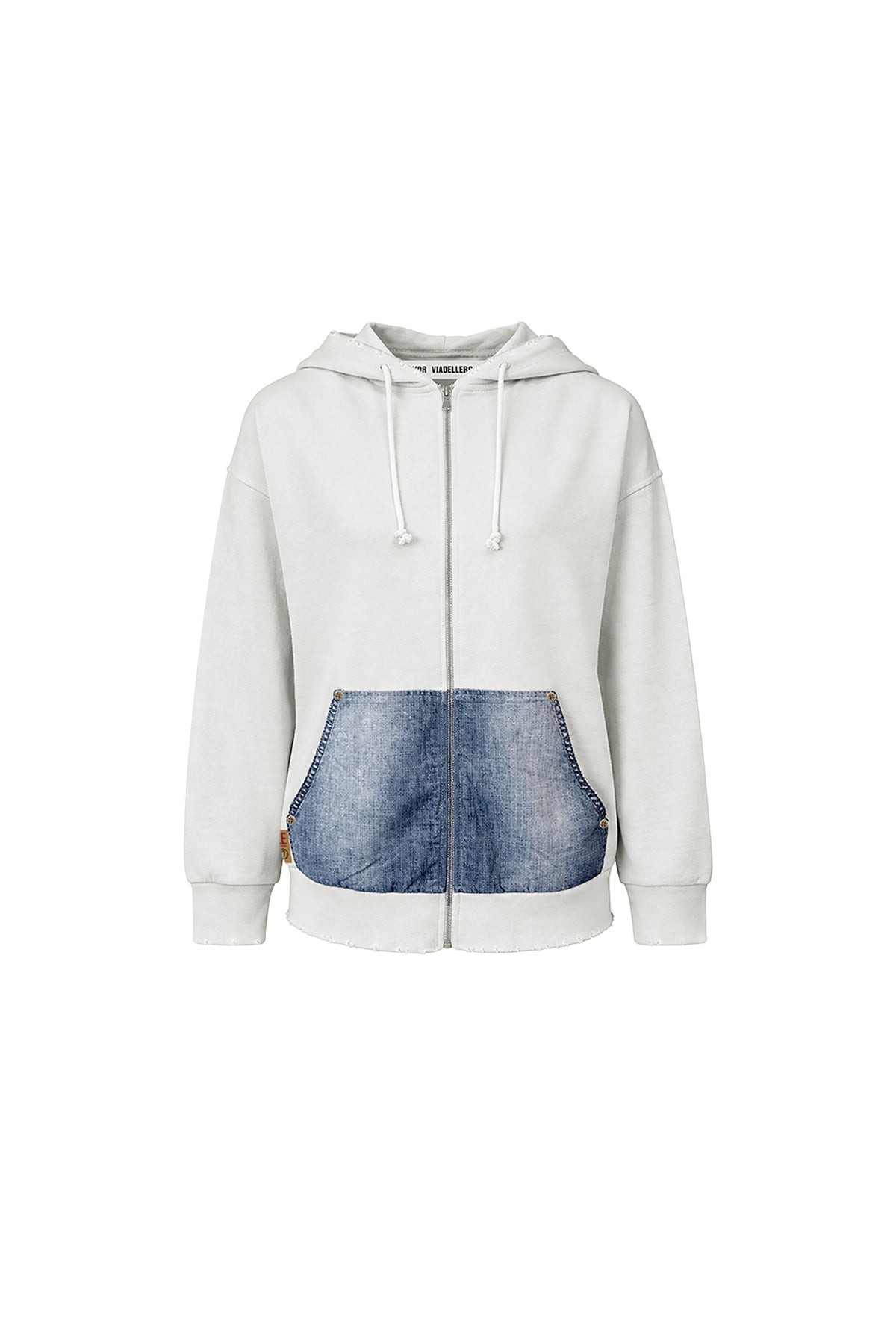 Ekru Mavi Denim Dokulu Cep Detaylı Kapüşonlu Oversize Sweatshirt 19092