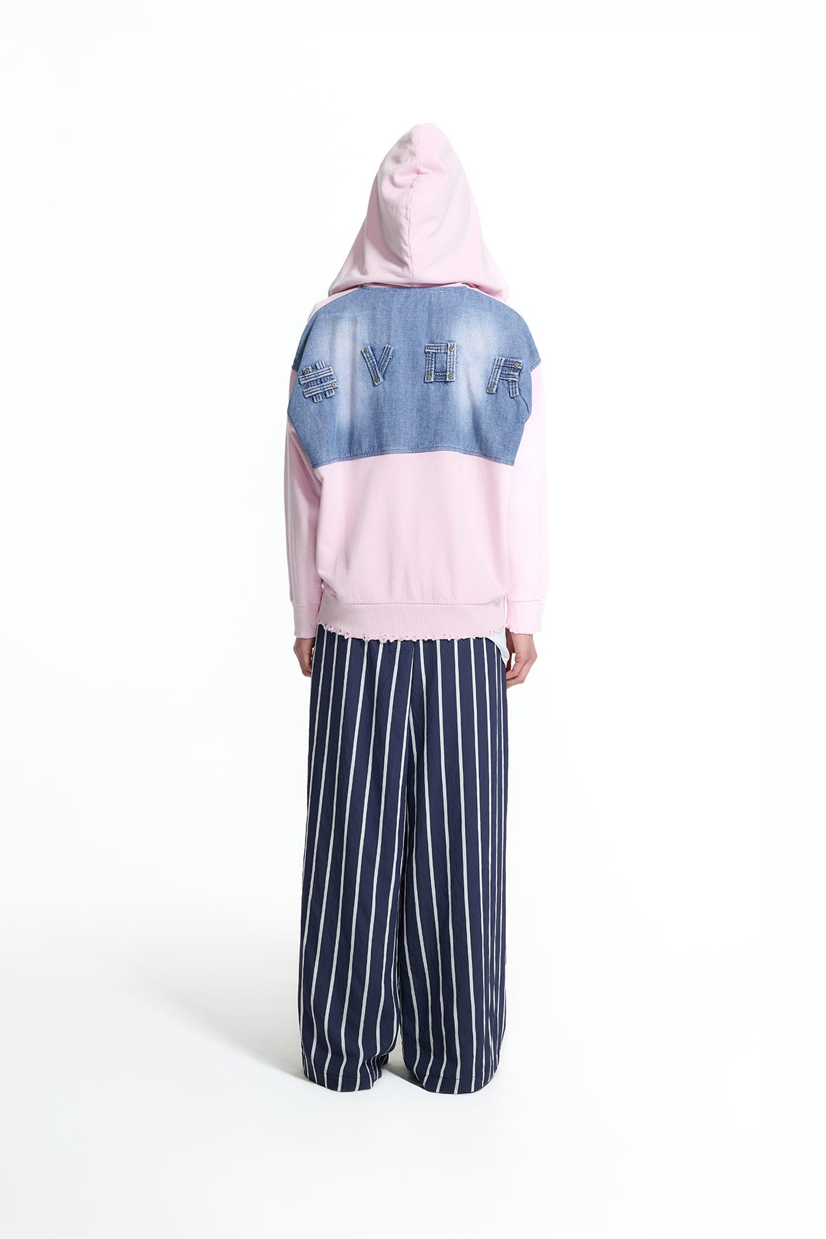 Pembe Mavi Denim Dokulu Cep Detaylı Kapüşonlu Oversize Sweatshirt 19092