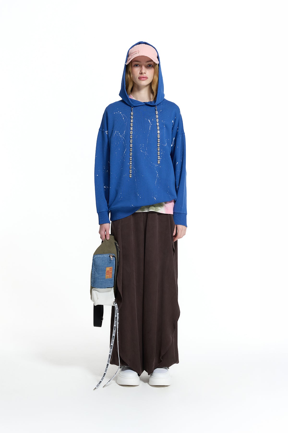 Saks Mavisi Taş Detaylı Bağcıklı Boya Efektli Kapüşonlu Sweatshirt 19093