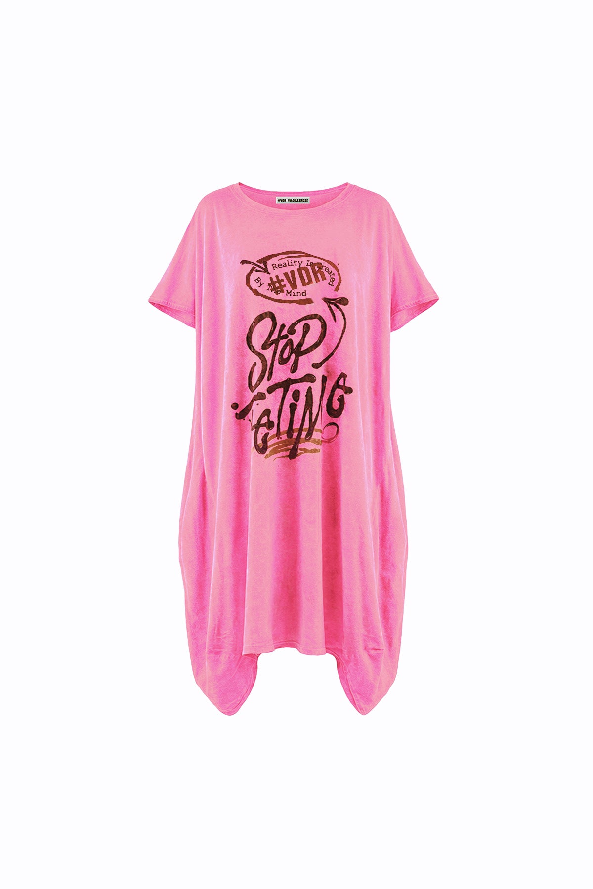 Neon Pembe Yıkamalı Grafik İfadeli Oversize T-Shirt Elbise 19095