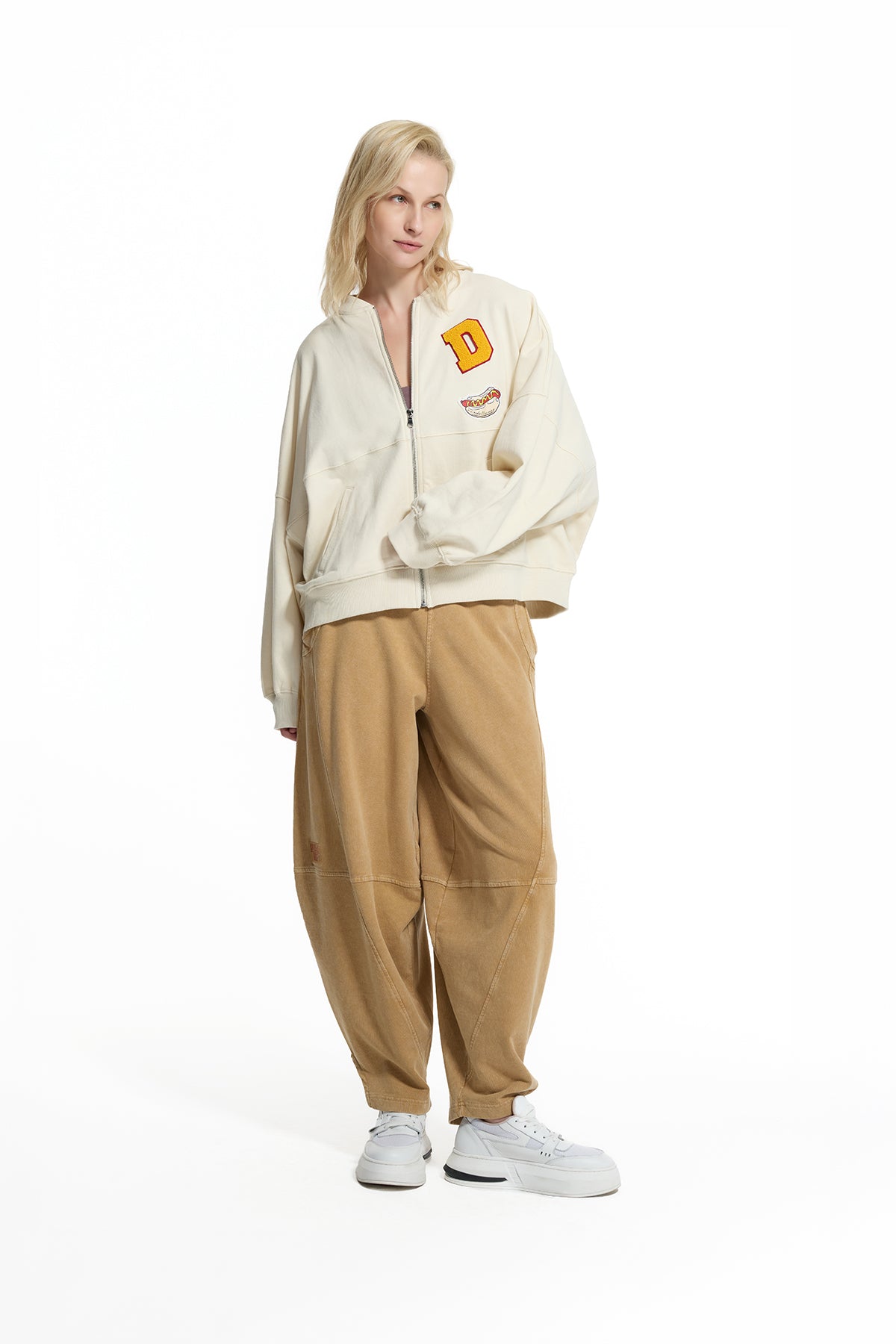 Krem Arma Patch Detaylı Fermuarlı Bomber Sweatshirt 19099